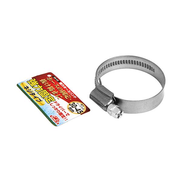 ホースにあわせてしっかり締めることができます。【用途】ホースバンド。【機能・特徴】強力固定・ネジタイプです。ホースの締め付けに最適です。【仕様】●適用ホース外径：30〜45mm。●1個入。【材質】●スチール。