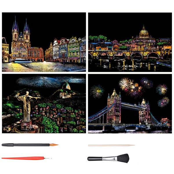 LIANHATA スクラッチアート 4枚入 スクラッチ極細ペン付き 21*29cm A4サイズ スクラッチペーパー レインボー絵 夜景 花火 観覧車