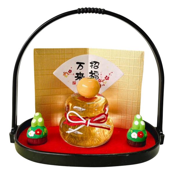正月 迎春 飾り 鏡餅 置物 お盆飾り 高さ 約11cm 金彩 ガラス 硝子 柚子舎 E-16