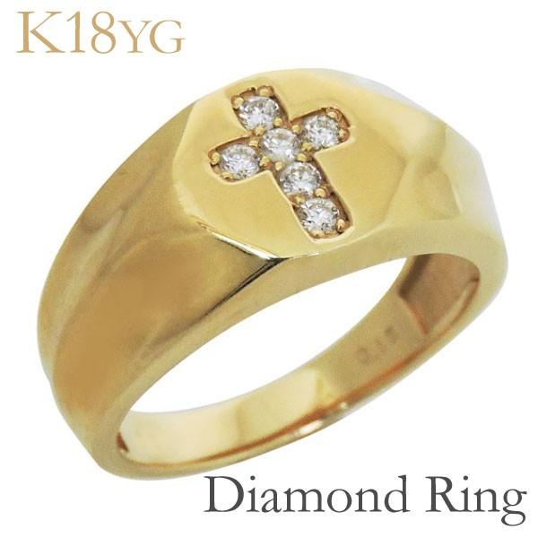 リング 印台型 クロスモチーフ ダイヤモンド k18 イエローゴールド