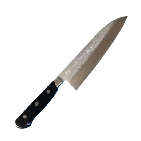 越前数馬作 ステン梨地青二鋼 鎚目 三徳包丁180mm 斜口金付 黒合板