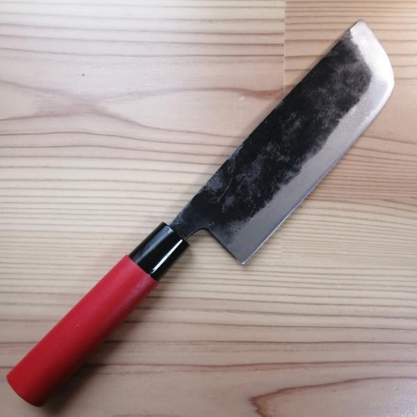 宝馬 鋼付 野菜収穫包丁 先刃付 両刃 170mm 赤塗小判木柄 手打鍛造
