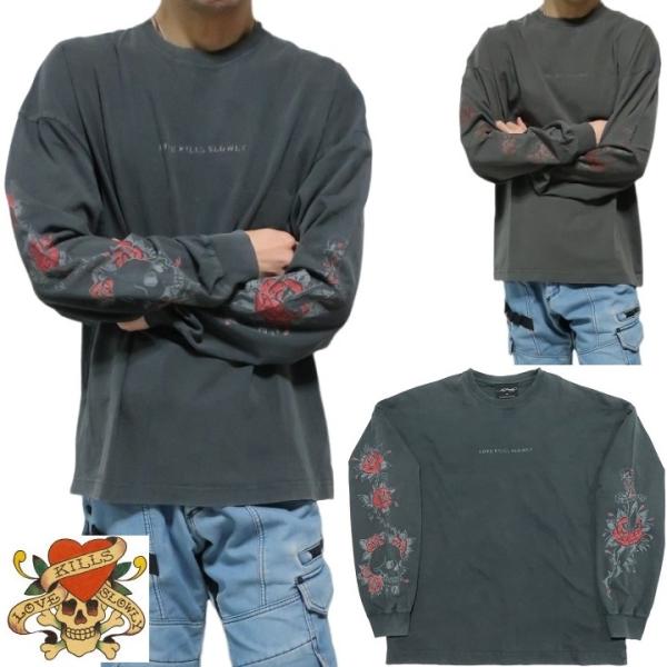 エドハーディー ed hardy Tシャツ ロンT 薔薇/ローズ スカル/ドクロ メンズ レディース オーバーサイズ 長袖