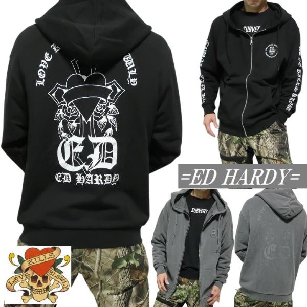 エドハーディー ed hardy  ジップ パーカー 長袖 十字架 刺繍/プリント メンズ レディース オーバーサイズ ワイドサイズ