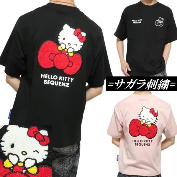 Tシャツ ハローキティ サガラ刺繍/プリント メンズ/レディース HELLO KITTY  半袖 カットソー ブラック/ピンク