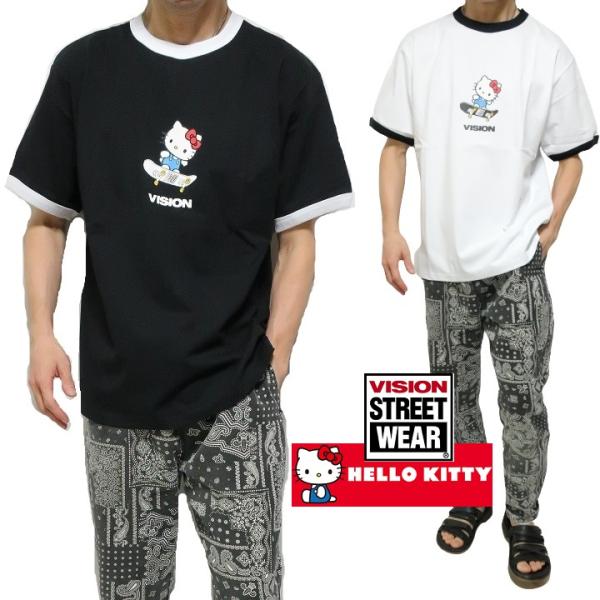 Tシャツ ハローキティ VISION/ヴィジョン コラボ メンズ/レディース HELLO KITTY リンガー/スケボーロゴ プリント 半袖 オーバーサイズ