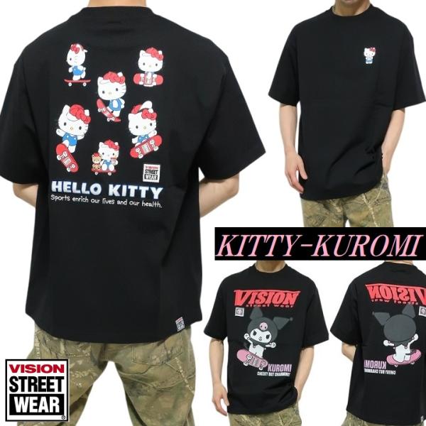 Tシャツ ハローキティ VISION/ヴィジョン クロミ/KUROMI コラボ メンズ/レディース HELLO KITTY スケボー 半袖 オーバーサイズ