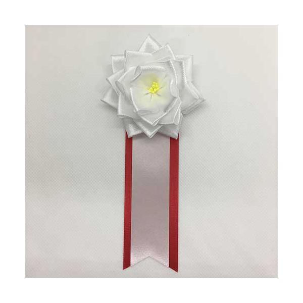 サイズを豊富に取り揃えた記章。●色：白●寸法：タレ部分寸法：130mm●全長：150mm●花径[mm]：70●材質：バラ＝レーヨン、タレ＝アセテート●留め具：クリップ・安全ピン付