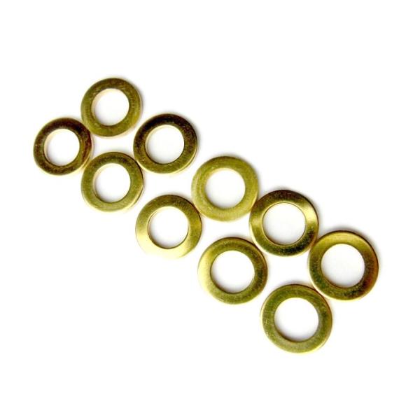 素材：ブラス　10個入りサイズ：直径11.5mm × 厚み1.6mm内径：6.5mmブラス素材で表面処理（メッキ）をしていない真鍮そのままのテンションボルト・ワッシャーです。・古くなってしまったワッシャーの交換に・スネアドラムの音質最適化等...