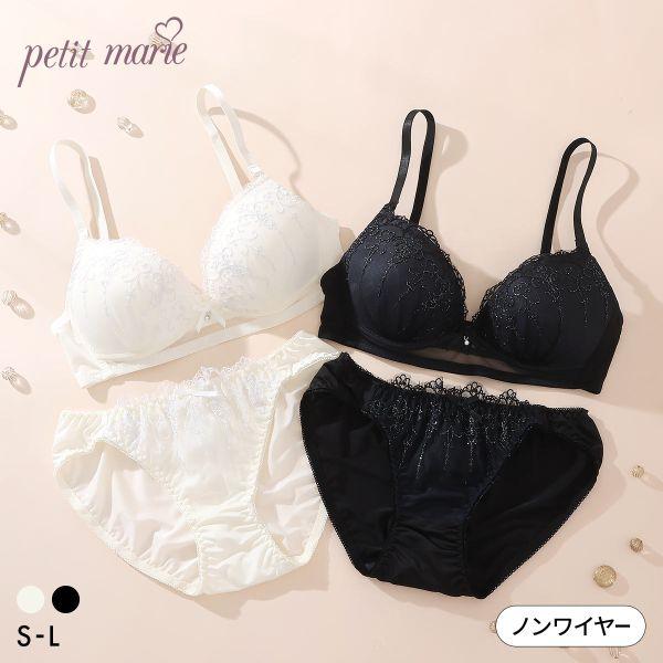 ブラジャー ショーツセット プチマリー ノンワイヤー アーチラメ刺繍 ブラセット WHITE 下着 petit marie レディース