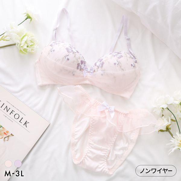 ブラジャー ショーツセット ピュアシェリ 花柄チュールハーフレース ノンワイヤー ブラセット M L LL 3L ショーツ 大きいサイズ レディース PURECHERIE