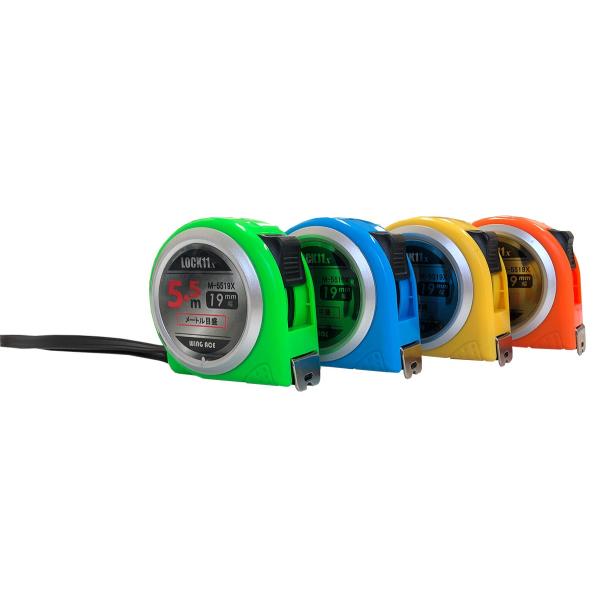 色：イエロー　グリーン　ブルー　オレンジの４色特徴：センチ表示手になじみやすい形状材質：ケース/ABS　テープ/スチールサイズ：19mm×5.5m入数：1個