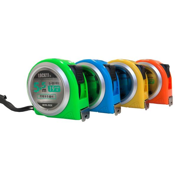 色：イエロー　グリーン　ブルー　オレンジの４色特徴：尺付相当目盛手になじみやすい形状材質：ケース/ABS　テープ/スチールサイズ：19mm×5.5m入数：1個