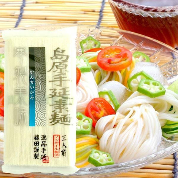 油を塗らずに作った島原手延そうめんの藤田そうめんです。油の酸化臭がなく、小麦本来の旨味や風味が感じられます。強力粉（グルテンが多い小麦粉）を使用しているので、しっかりとした食感になっています。【関連ワード】素麺,そうめん,ソウメン,乾麺,油...