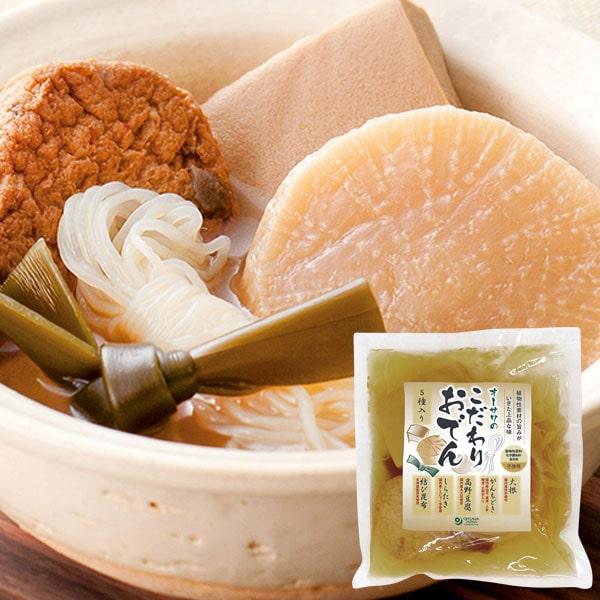 マクロビオティックおでん。温めるだけで手軽に食べられます。素材の旨みをいかした上品な味。天然の旨みをいかし、じっくりと煮込んだ。大根、がんもどき、高野豆腐、しらたき、結び昆布の5種類入り。枝豆・れんこん・にんじん・椎茸・大和芋入りのオリジナ...