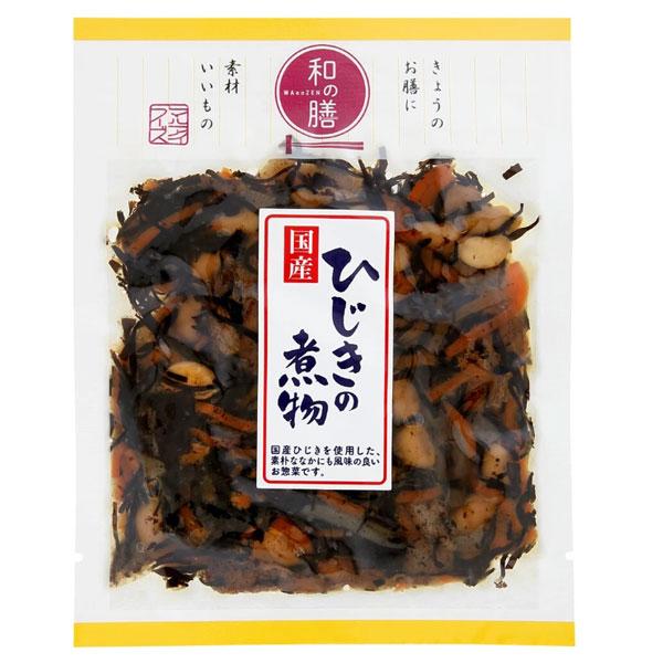 国産のひじき、にんじん、大豆に国内製造のこんにゃく、油揚げを加え、こだわりの調味料で味付けした煮物です。保存料や酵母エキス等不使用で仕上げた、素朴ななかにも風味の良いお惣菜です。日々のお惣菜やお弁当の付け合わせとして手軽にお召し上がりいただ...