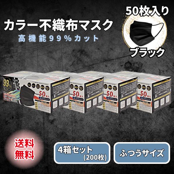 黒マスク 不織布 50枚 ブラック カラー 4箱セット 3層 使い捨て ふつう まとめ買い ブラックマスク  普通 メンズ レディース ヒロコーポレーション