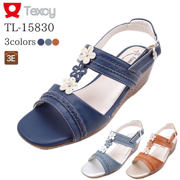 Texcy（テクシー） ウェッジ サンダル フラワーモチーフ 幅広 花柄 靴