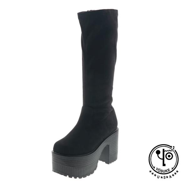 【未使用級】ヨースケ 厚底 ロングブーツ サイドジップ ブラック 24.5 YOSUKE（ヨースケ） ブーツ レディース 厚底 ブラック 黒 ストレッチ