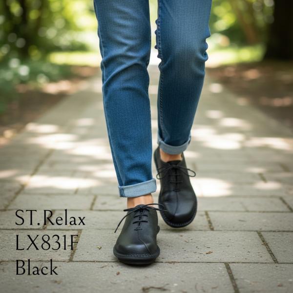 新商品！☆St.Relax ３つ鳩目内羽根流れモカシューズ／シュリンクレザー／BLK／CHO／KAK