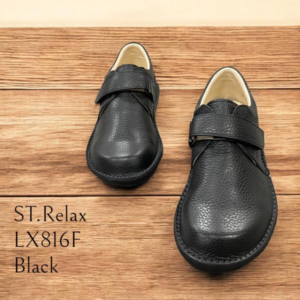 ☆新商品☆St.Relax コンフォートシューズベルクロプレーントウ／シボソフトレザー／BLK／CHOCO