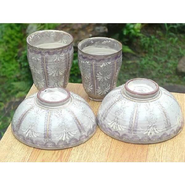 京焼 清水焼 紫彩花紋夫婦湯呑と夫婦茶碗セット 陶楽 :6831:松韻堂