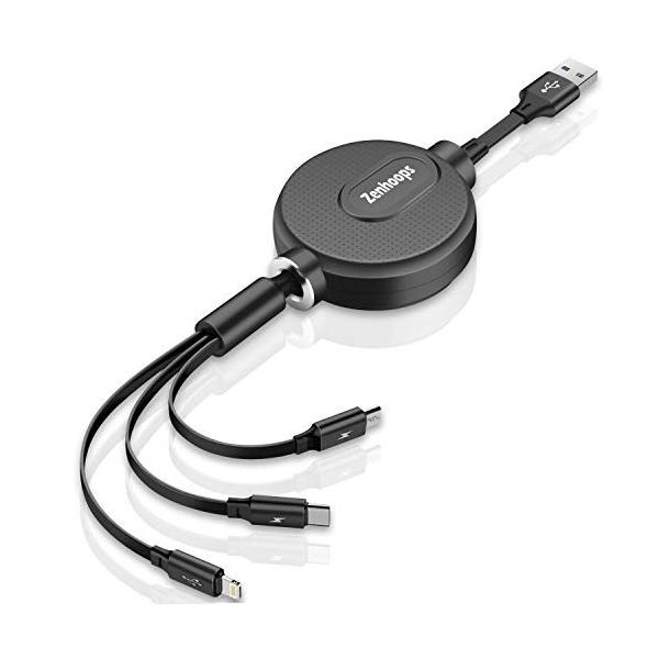 最新片側引き型 ライトニングケーブル 巻き取り 3in1 ケーブル 