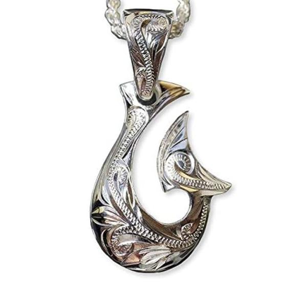 ハワイアンジュエリー ネックレス 彫り が綺麗な フィッシュフック ペンダント 釣り針 SILVER925 Ropeチェーン付 メンズ レディース ペア も最適 sfi033