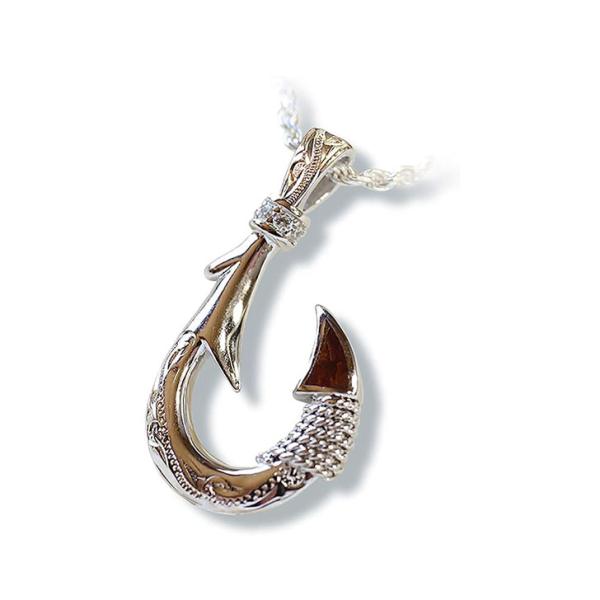 ハワイアンジュエリー フィッシュフック ネックレス  Sサイズ「Ropeチェーン付き」 KOA ウッド SILVER925 キュービックジルコニア ペンダント sfi046