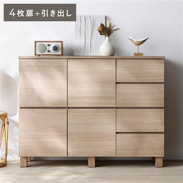 スクエア キャビネット 扉＋引き出しタイプ 4枚扉＋引き出し 幅108cm ナチュラル 木脚 木製 脚付 配線穴付 リビング収納 収納棚