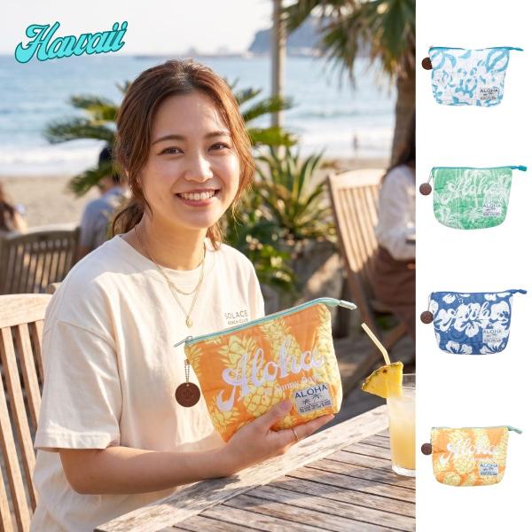 ポーチ キルティング ハワイアン アロハ Aloha 刺繍 化粧ポーチ コスメポーチ 小物入れ トラベルポーチ マチあり ハイビスカス パイナップル ホヌ