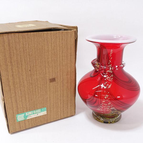 カメイガラス 花器カメイガラス/レトロ 手造りガラス 花瓶 赤 3027