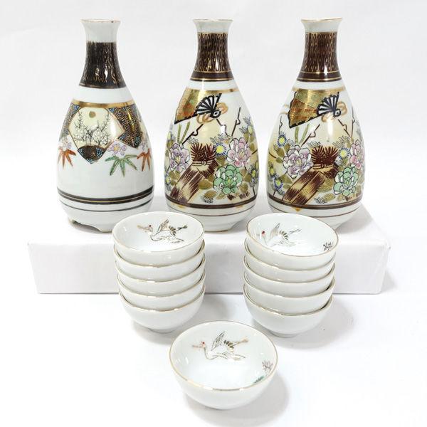 九谷焼 和食器九谷焼/アンティーク 酒器揃(徳利3 猪口11) ギフト 中古