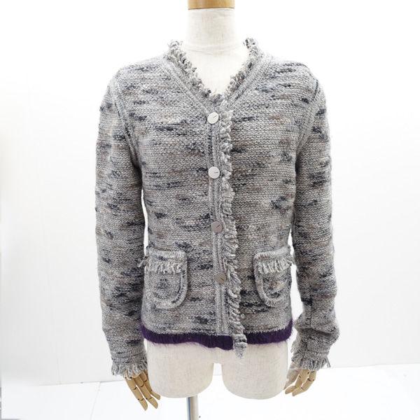 CHANEL / シャネル ◆フリンジ ニットカーディガン 99A ウール グレー パープル P14369V00662 【レディース/女性/婦人】【中古】 CHANEL（シャネル） フリンジ ニットカーディガン 99A ウール グレー