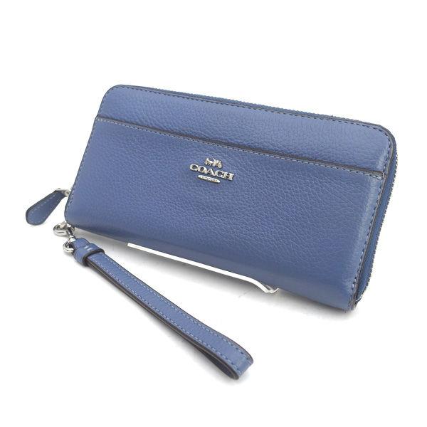 COACH / コーチ  ラウンドファスナー 長財布 レザー くすみブルー リストストラップ付き 6643 ブランド 中古
