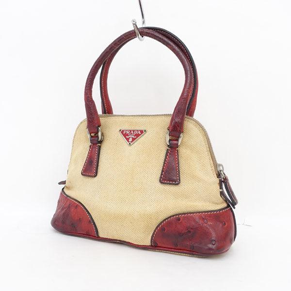 PRADA / プラダ ■ミニバッグ  キャンバス オーストリッチ ベージュ レッドブラウン ブランド 【中古】 PRADA（プラダ） ミニバッグ キャンバス オーストリッチ ベージュ