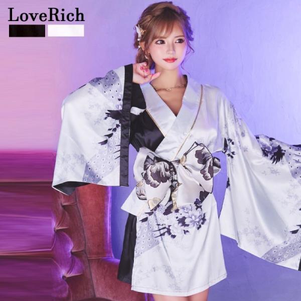 LoveRich ラブリッチ 【2カラー】バイカラー 鶴柄 和柄 オフショル ツートン 豪華 帯 花魁 着物 ドレス コスプレ イベント ハロウィン キャバドレス [1290]