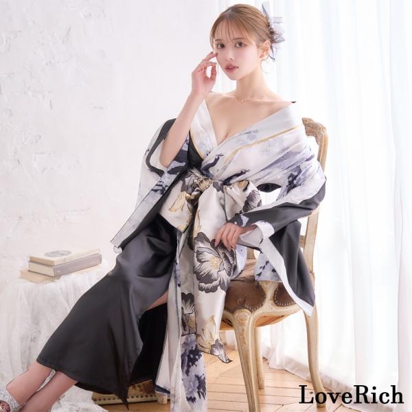 LoveRich ラブリッチ 【2点セット】バイカラー 鶴柄 和柄 花柄 ロング オフショル 豪華 花魁 着物 ドレス コスプレ イベント ハロウィン [1531] LoveRich ラブリッチ 【2点セット】バイカラー 鶴柄 和柄 花柄 ロング