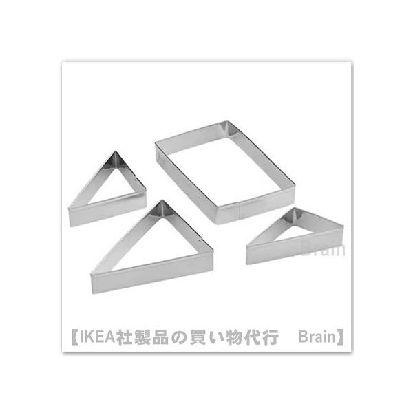 ■カラー：ステンレススチール■商品の大きさクッキーの抜き型のセット内容：長方形 1点（10×6cm）、三角形 3点（7×3cm、8×4 cm、10×6cm)■主な特徴- このクッキーの抜き型セットを使えば、すべてのクッキーを同じ形とサイズに...