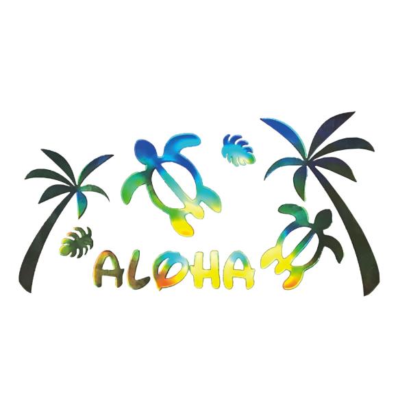 カッティングステッカー (ホヌAloha215, ホログラム) size:215mm×110mm　ホログラム　リゾート　海ガメ　ヤシの木　モンステラ