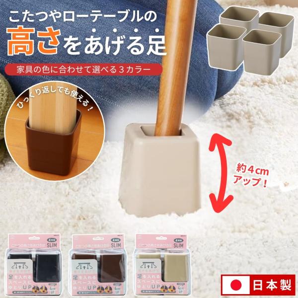 「商品情報」こたつの脚にかぶせるだけでカンタンにこたつの高さをアップ。ゆったりのびのび座れるようになります。細い脚のこたつにピッタリのスリムタイプ。脚の太さに合わせて上下をひっくり返して使えます。1段で4cm、2段で使用すれば8cmアップし...
