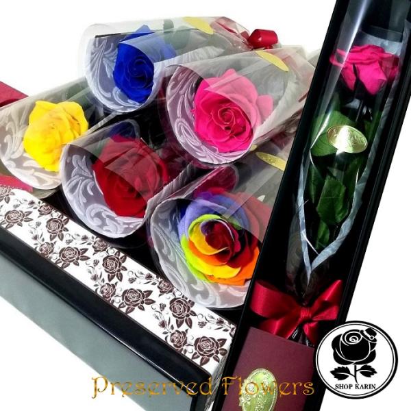 送料無料　プリザーブドフラワー一輪6〜7センチ/ボックスの大きさ幅40センチ8×8センチカーネーション一輪アレンジ　4〜5ｃｍ無料オプション付き　スワロフスキー/ダイヤモンドローズ（プリザーブドフラワーに合う粒子の細かいラメがついています）...