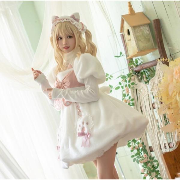 ロリィタ ワンピース 半袖 秋冬 あったか ボア 甘ロリ 肉球 ネコ 猫耳 リボン ゆめかわ ふわもこ もこもこ 姫系 防寒 冬 モコモコ 日系 ソフトガール shop-manten_aa142zb