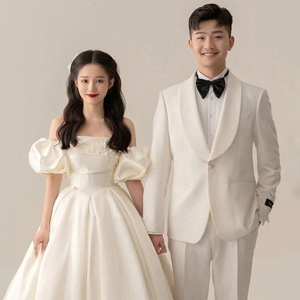 花嫁 ウェディングドレス オフショルダー パフスリーブ プリンセス