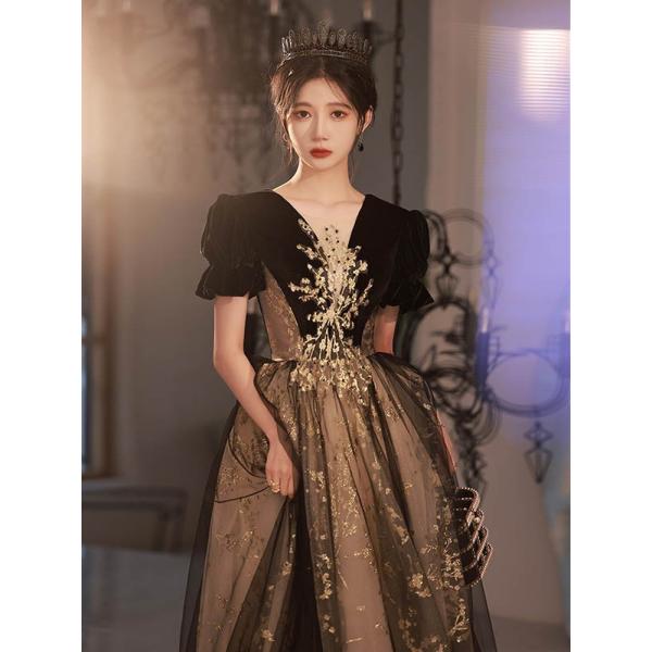 ロングドレス 大人 ピアノ 発表会 パーティードレス 黒 シャンパン