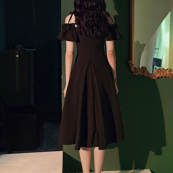 オフショルダー ミモレ丈ドレス 大人 ピアノ 発表会 黒 ワンピース