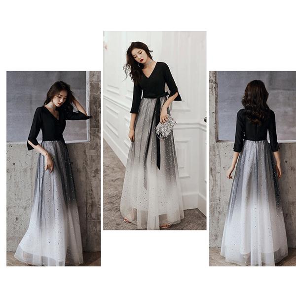 ドレス ワンピース ピアノ 発表会 韓国 ロング 長袖 黒 レディース