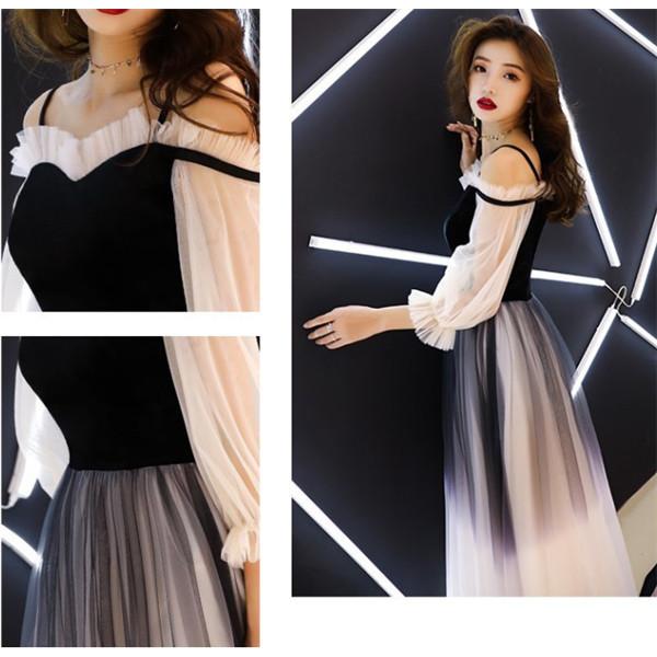 パーティードレス オフショルダー ロング 演奏会 袖付き ドレス ピアノ