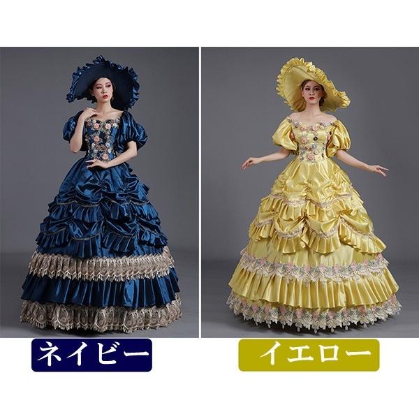 ストライプ デザイン/Striipe design ロングドレス 貴族ドレス お姫様ドレス 中世ヨーロッパ ステージ パフスリーブ 盛り袖 衣装 貴婦人 花柄 メルヘン オペラ イベント 貴族ドレス ネイビー