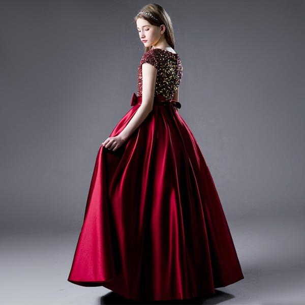 子供ドレス ロング丈 キッズドレス ピアノ 発表会 ワンピース ワイン